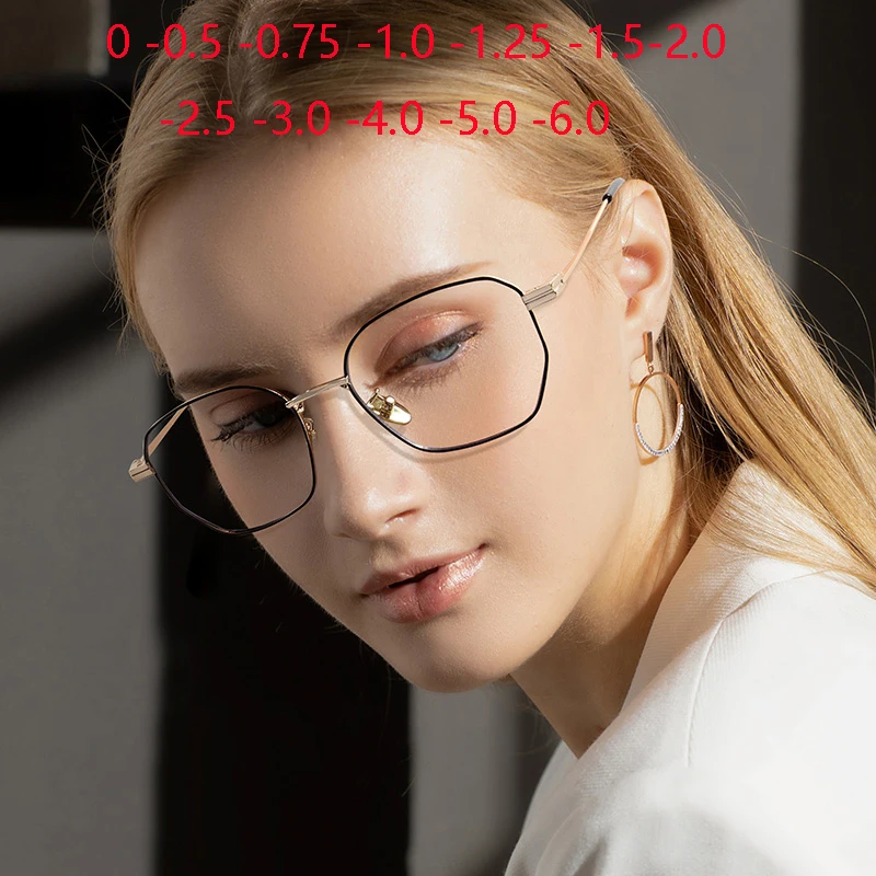 

Metal Polygon Women Single Myopia Lens Prescription Spectacles Blue Light Blocking Nearsighted Glasses 0 -0.5 -0.75 To -6.0