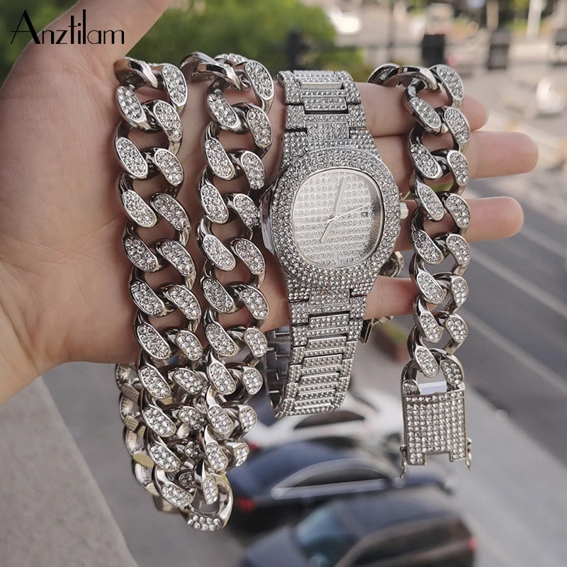 

Anztilam Bling Iced Out Кубинский комплект цепочек, ожерелье, часы и браслет со стразами для мужчин и женщин, комплект украшений в стиле рэпер, хип-хоп