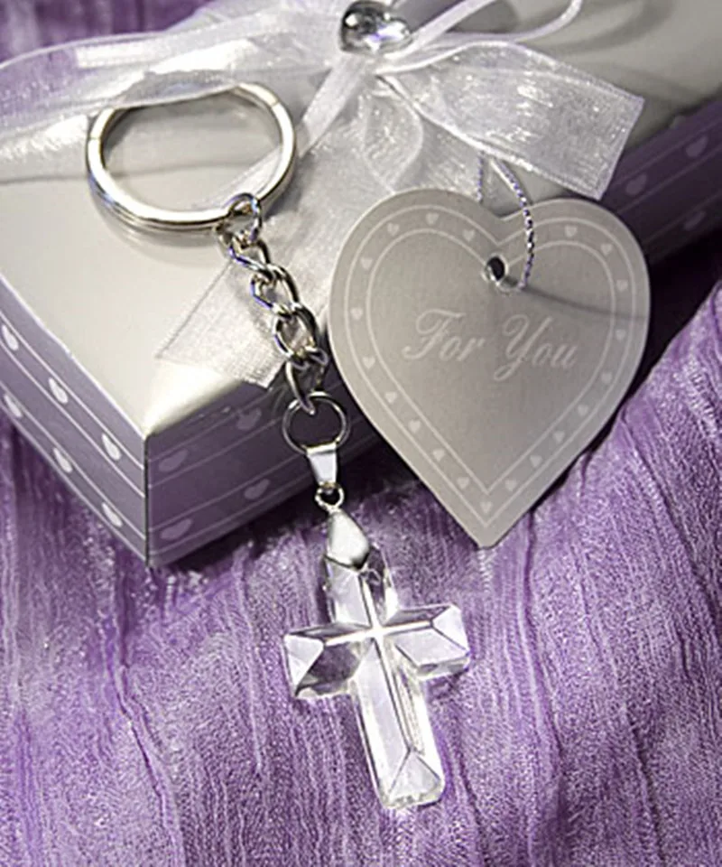 24pcs/Lot Baby Shower Return Gifts First Baptism Souvenirs Baby Christening Gifts Crystal Cross Keychain with Custom Stickers