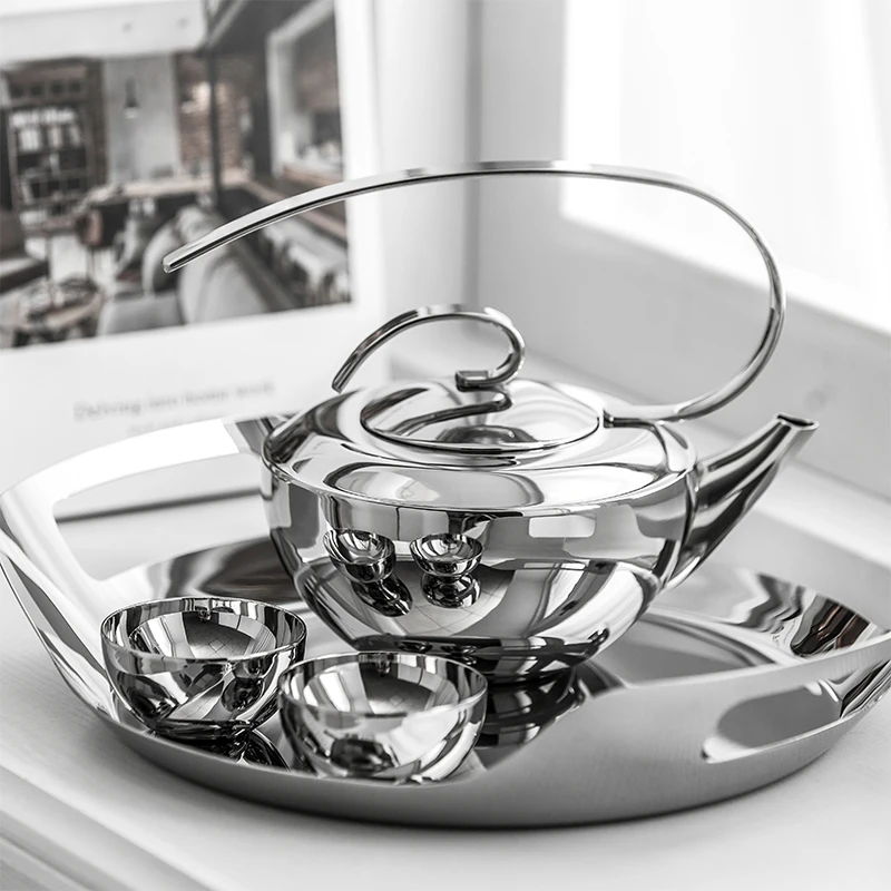

304 Stainless Steel Teapot Teacup Tray Large Capacity Cold Water Pot Tea Kettle European Luxury Home Metal Coffee Pots Cups
