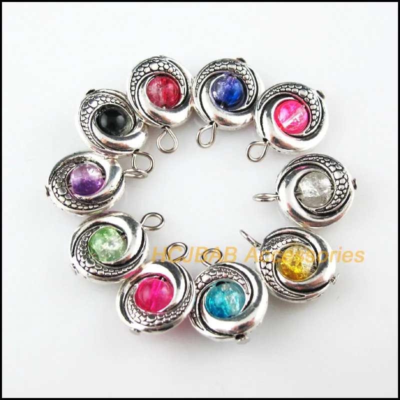 10Pcs Tibetan Silver Tone Circle Flower Mixed Round Glass Beads Charms Pendants 15x19mm