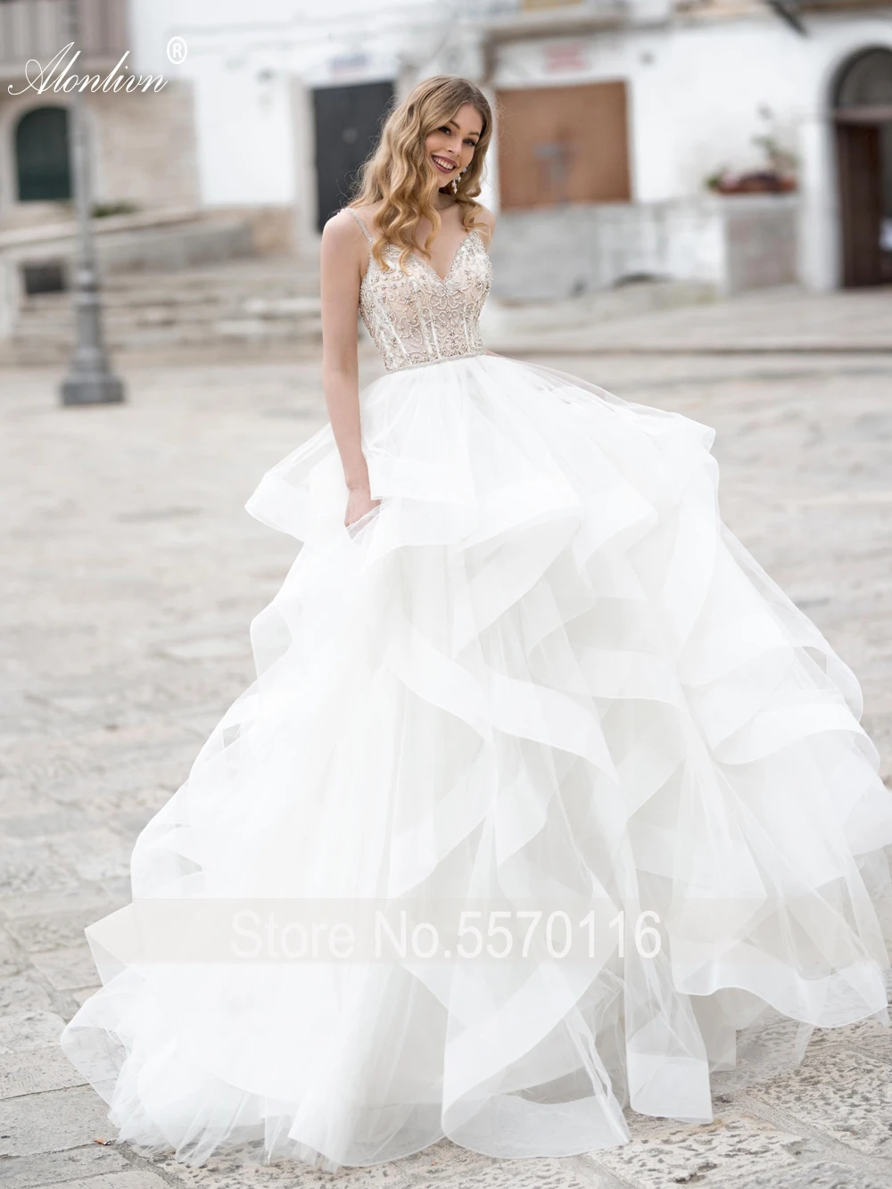 Alonlivn Luxuries Rhinestones V Neckline Of Spaghetti Strap A Line Wedding Dress With Ruffles Skirt Backlessrt