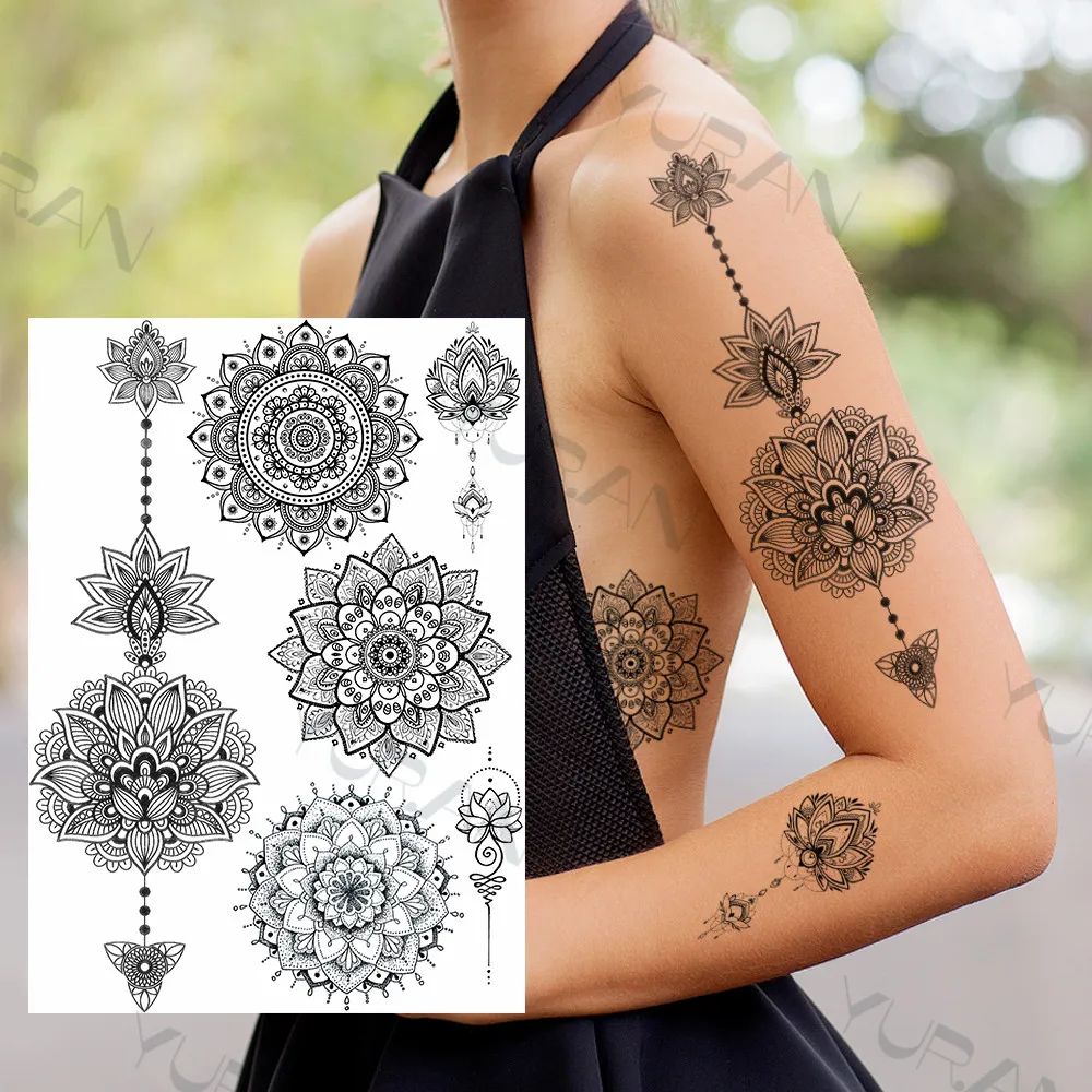 YURAN-tatuaje falso de búho de brazo grande para mujer, calcomanías de Henna India, tatuajes de encaje personalizados, Mandala, flor, tortuga negra