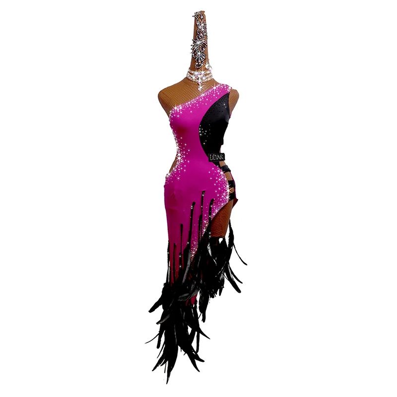 New Latin Dance Dress Competition Performance Adult Custom Pink Long Black Feather Sexy Dance Dress