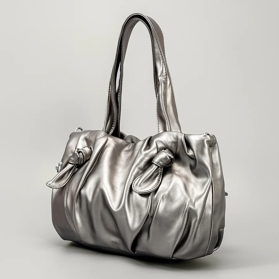 

Fashion Ruched Large Tote Bag Designer Silver Women Handbags Luxury Pu Leather Shoulder Bag Big Shopper Purses Retro Sac 2022
