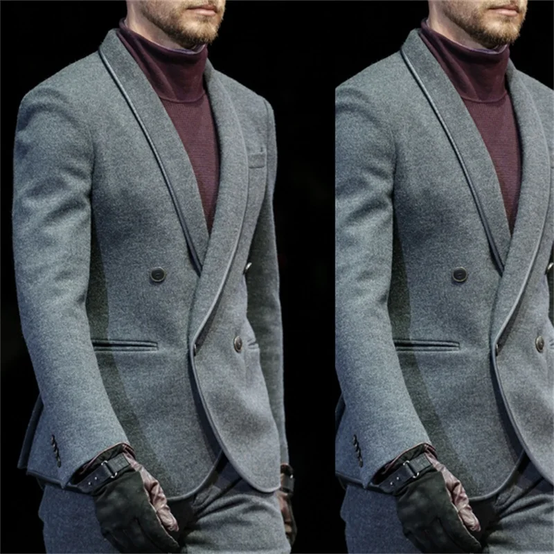 

2 Pieces Grey Men Suits Wool High Quality Formal Suits Party Wear Customized Handsome Double Breasted Party Suits Coat+Pant