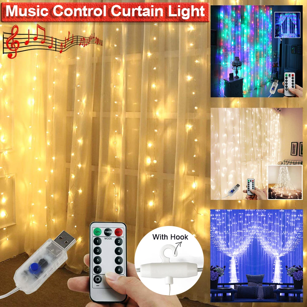 3MX3M 300LED Remote Control LED Curtain String Lights Sound Music Activated USB Curtain String Lights +Hanging Hook Fairy Lights