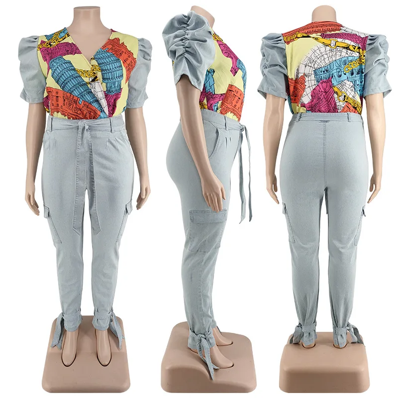 Set taglie forti Denim Set due pezzi manica a sbuffo Patchwork Crop Top e Jeans abito abbinato 2021 articoli all'ingrosso Dropshipping