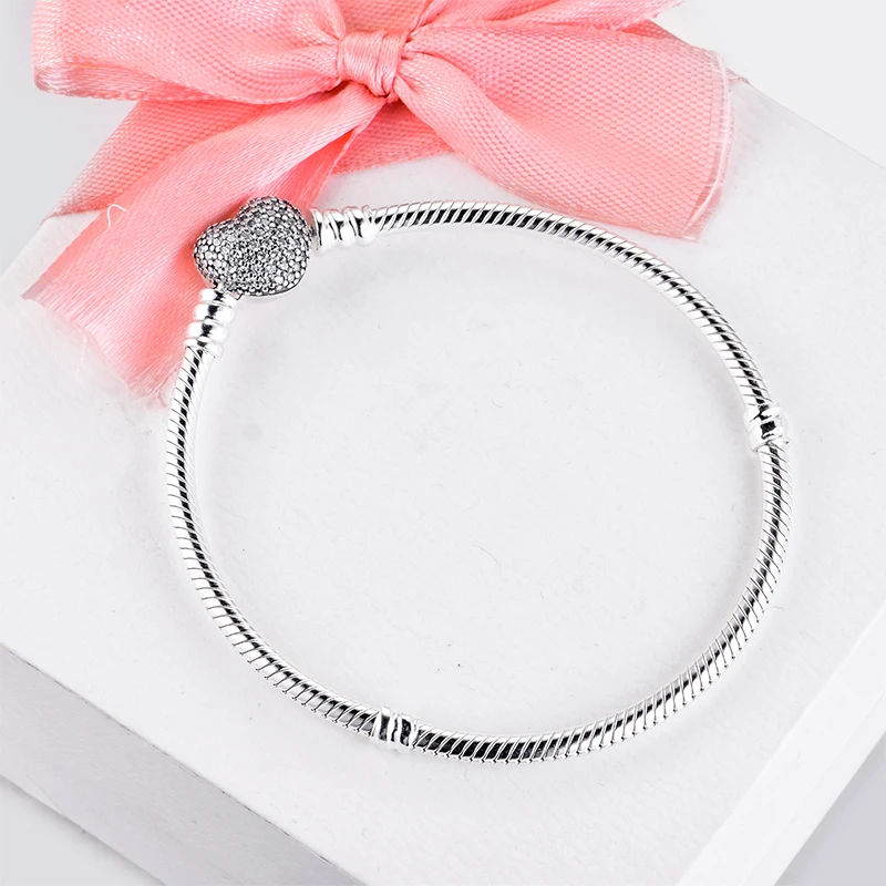 

100% 925 Sterling Silver Bracelet Pave Heart Clasp Snake Chain Moments Bracelets for Women DIY Charms Jewelry pulseras Wholesale