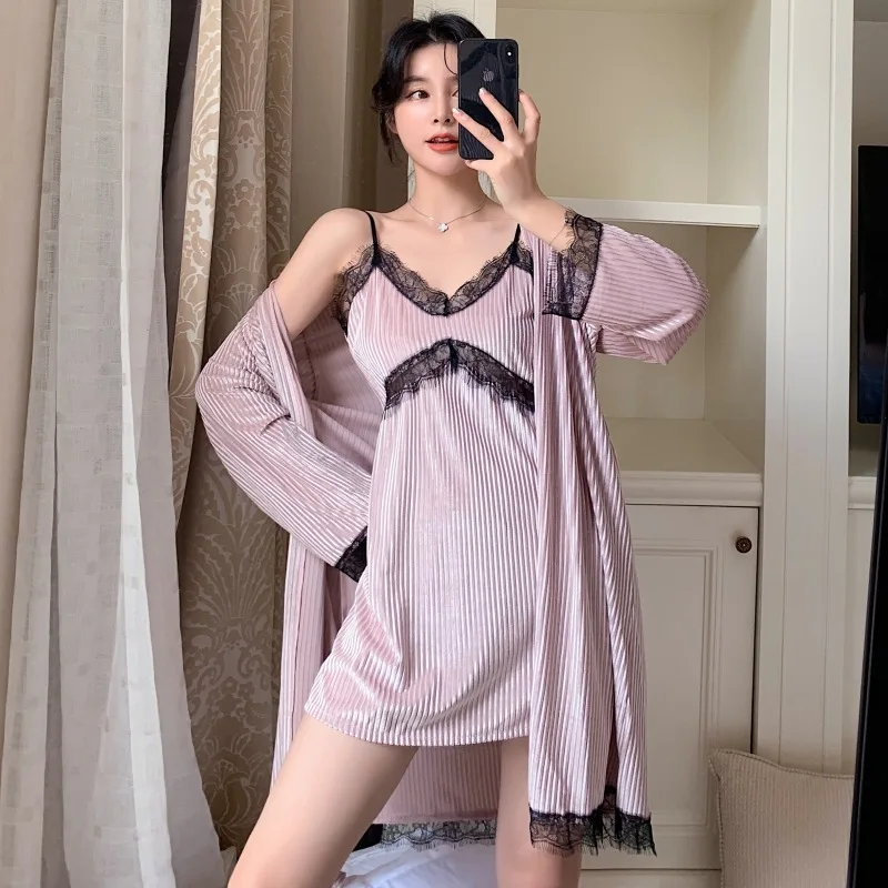 

Autumn/winter stripe sexy lace princess golden velvet sleepwear velvet suspenders nightgown two-piece home dress