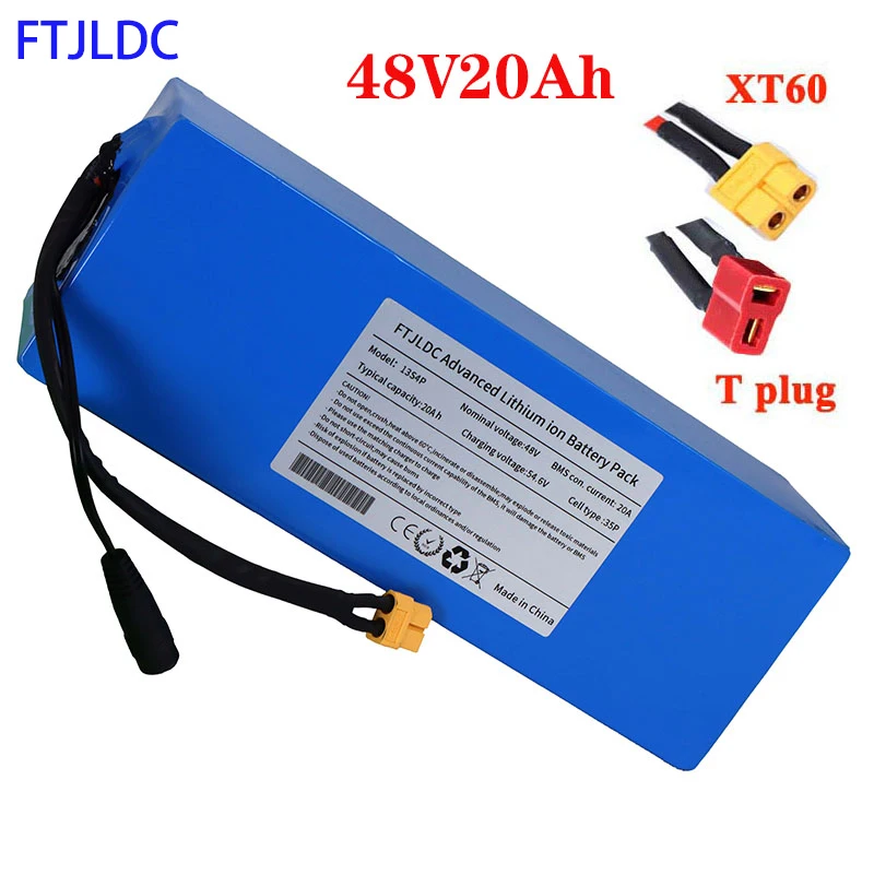 FTJLDC 13S 54.6V 20Ah 18650 Lithium Battery Pack 48V 20Ah 350W/500W/1000W Electric Bicycle Battery Built in 30A BMS XT60 Plug