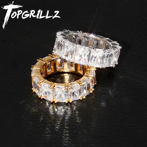 TOPGRILLZ 1 Row Solitaire Tennis Men's Ring Copper Charm Baguette Cubic Zircon Iced Ring Fashion Hip Hop Jewelry For Gifts