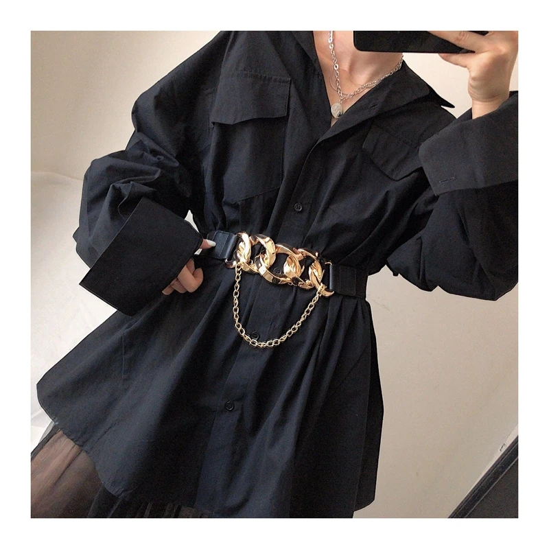 Gold Big Chain Buckle Tassel Belts For Women Coat Solid Wide Elastic Waistbands Dress Black Stretch Cummerbund Party Accessories