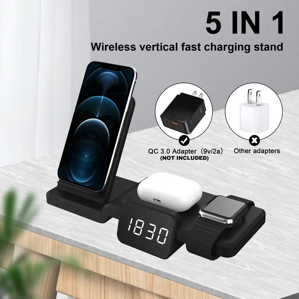 

Wireless Charging Dock Multifunctional Fast Charging Adapter Time Display 5 in 1 Efficient Standing Charging Stand for Earphone