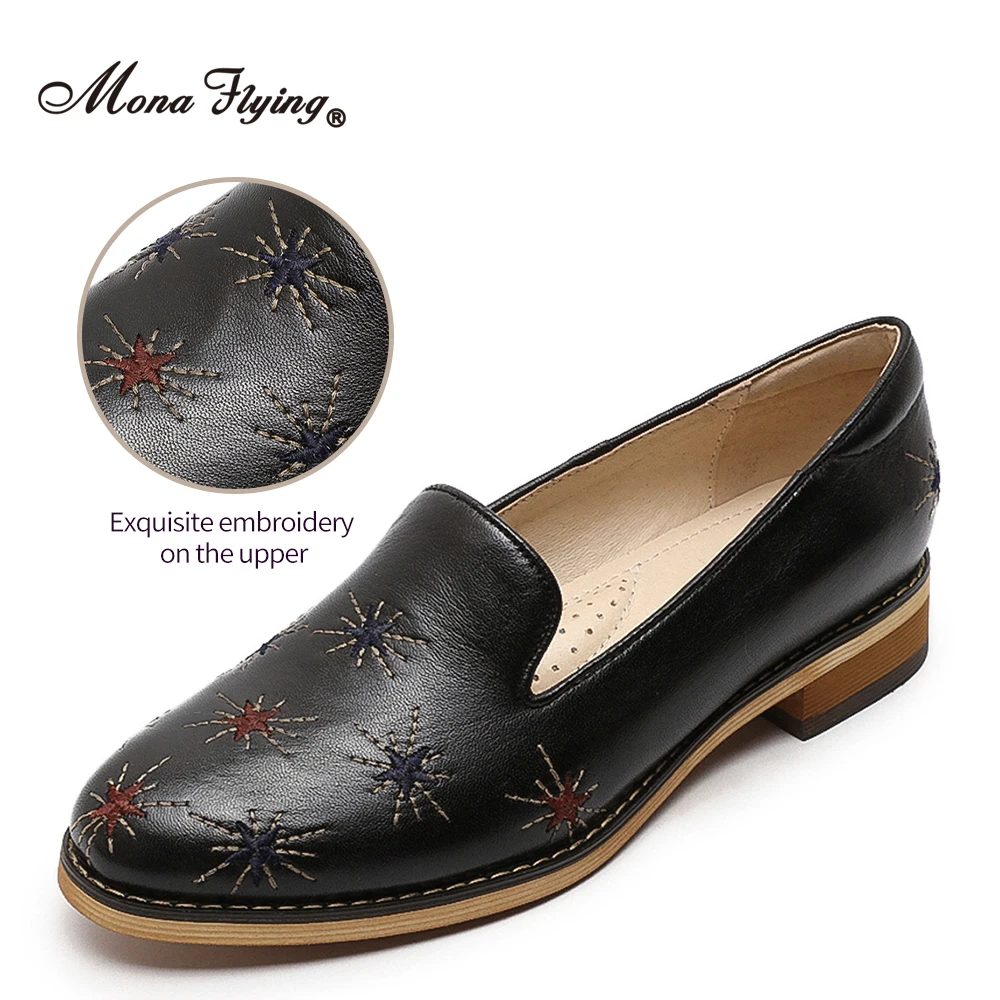 Mona Flying Women mocassini Penny in vera pelle fatti a mano con punta a mandorla Casual Slip On scarpe basse con ricamo per donna L068-1