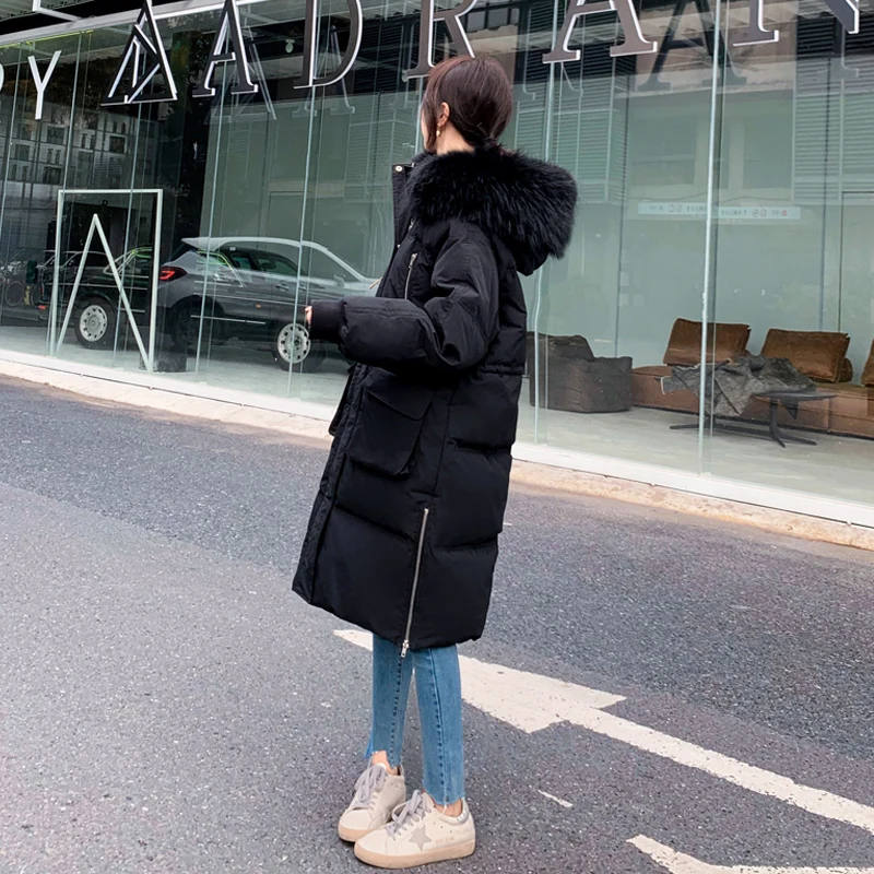 Women's 2020 New Winter Jacket Woman Hooded Long White Duck Down Puffer Coat Real Raccoon Fur Collar Parkas KJ4490