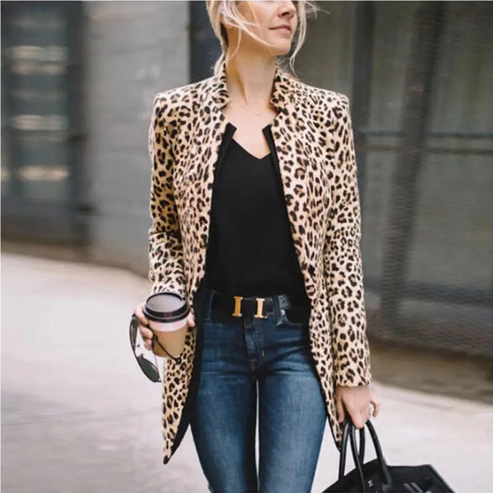 Women Vintage Leopard Print Blazer Notched Collar Long Sleeve Coat Female Outerwear Fashion Casaco Feminine Tops