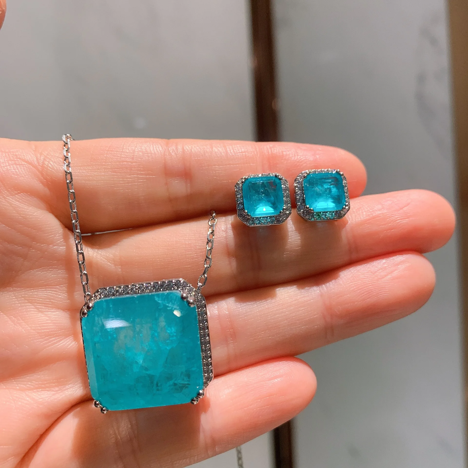 QTT Paraiba Tourmaline Stone Square Set Stunning Wedding Accessories Silver Color Necklace Earrings Female Set 2 Pcs