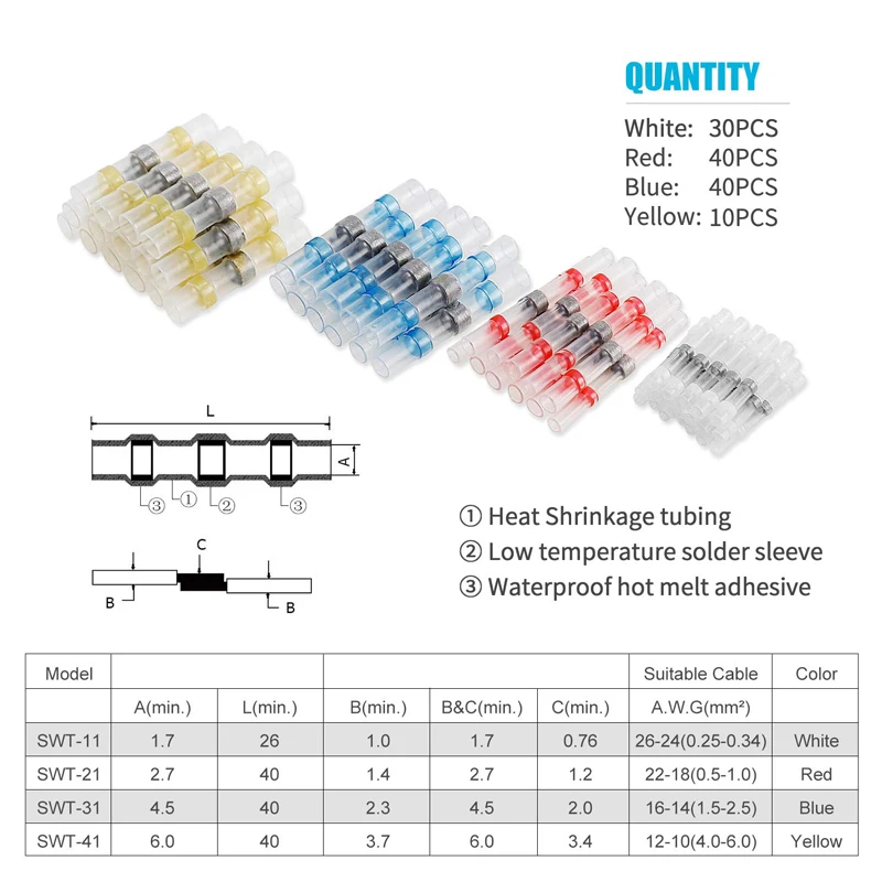 50/100/120PCS Heat Shrink Butt Crimp Terminals Waterproof Solder Seal Electrical Butt Connectors Wire Cable Splice Terminal Kit