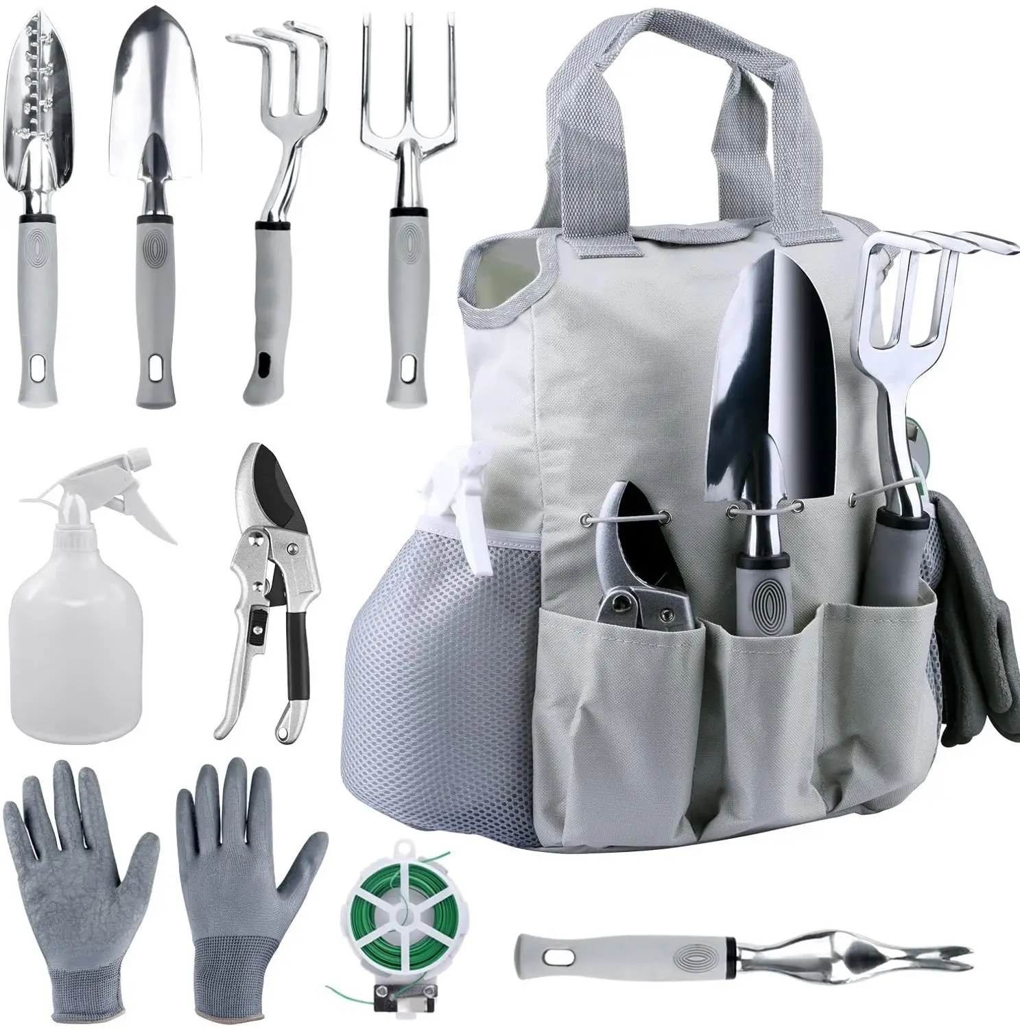 SuperBud Garden Tool Set 10Pcs Stainless Steel Kits: Shovel Fork Rake Weeder Gloves Storage Bag Pruner Water Sprayer Plant Tie