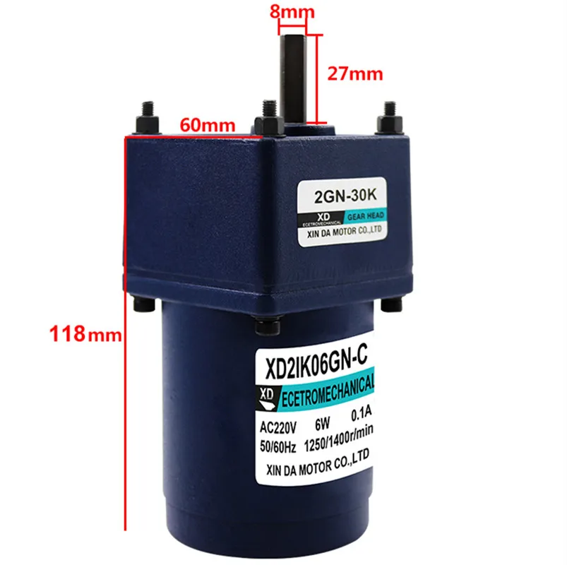 

6W 220V Gear Motor AC Single Phase CW CCW Gear Reducer motor Single phase Low Speed Reversible Motor