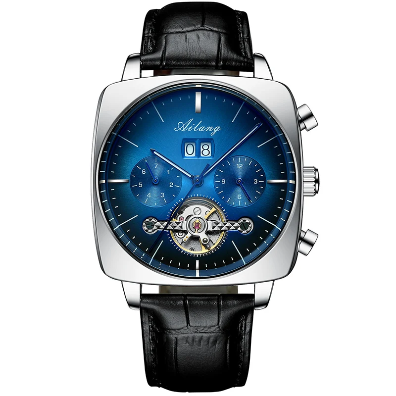 AILANG Mode Grün Große Zifferblatt Quadratische Mechanische Uhr für Männer Lederband Wasserdicht Tourbillon Uhren Herren Relogio Masculino 6