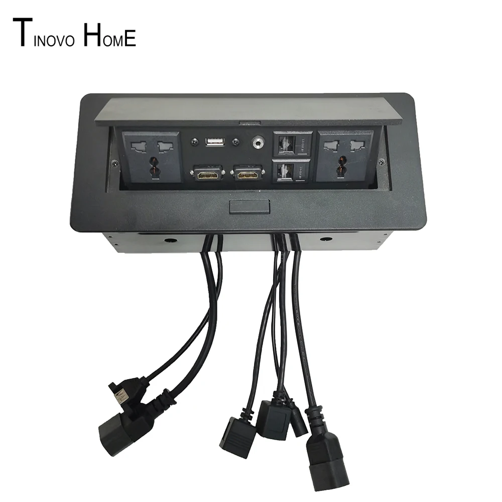 Black 2 universal plug/zinc alloy pop up round edge tabletop socket outlet/2 HDMI 3.5 audio USB data interface 2 RJ45 connector