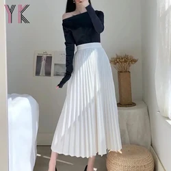 Korean Pleated Skirts Chiffon Long Midi Skirts Women Clothes 2021 Spring Summer Elegant Women White Black High Waist Skirts New