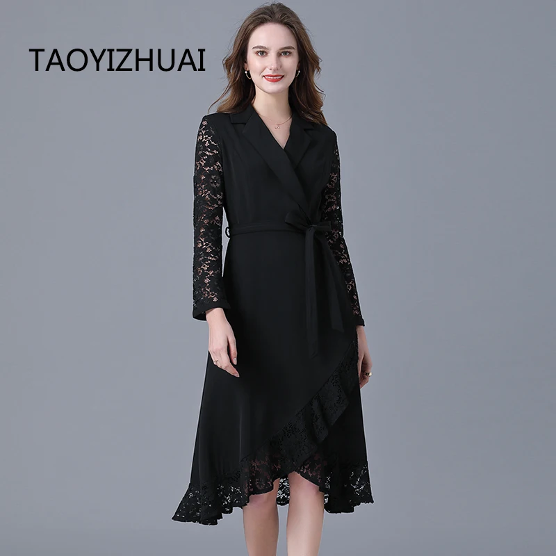 European and American fashion light mature temperament Black Lace stitching suit dress women    V-neck plus size dresses