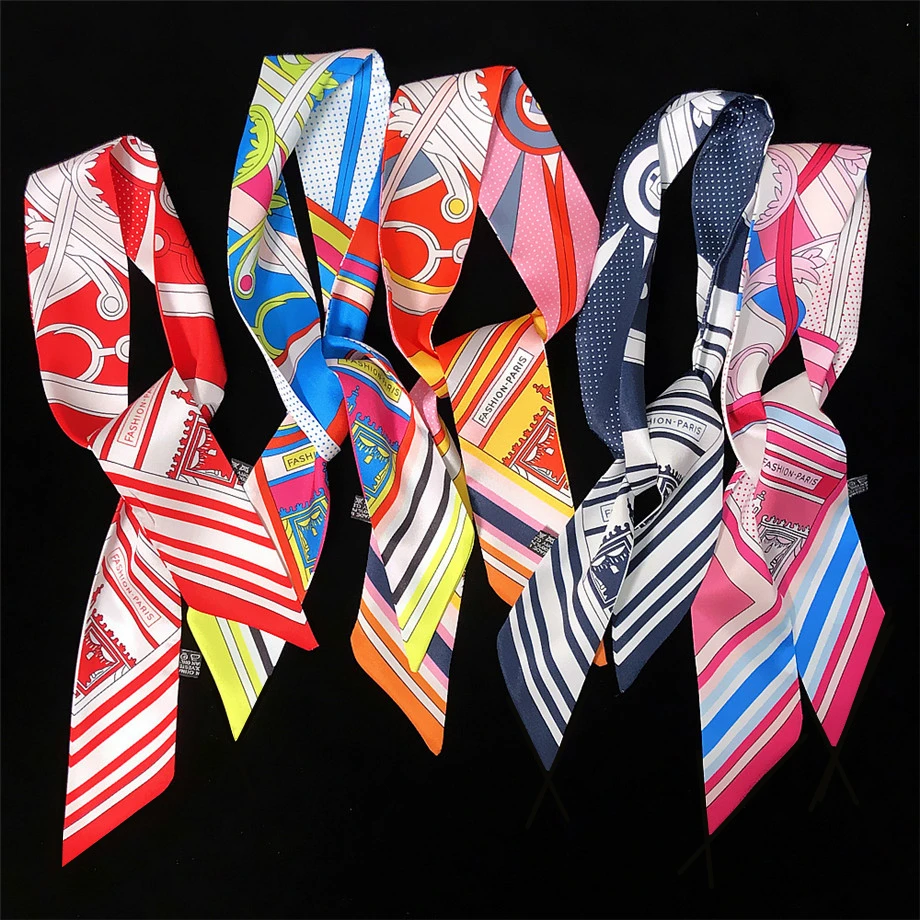 2024 New Design Stripe Luxury Brand Letter Skinny Scarf For Women Hair Neck Silk Scarf For Ladies Foulard Headband Bag Scarves