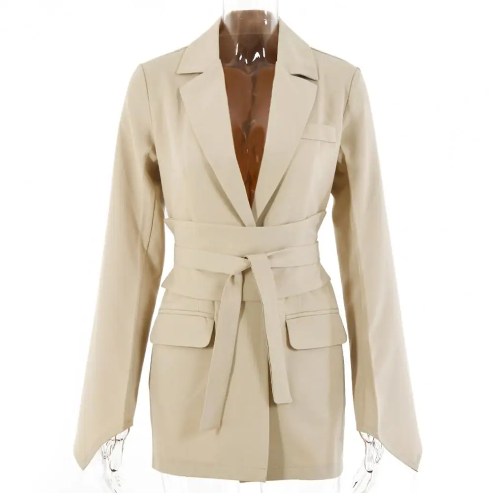 Dropshipping!! Blazer da donna tinta unita polsini irregolari primavera autunno colletto rovesciato cintura vita legata abiti giacca da donna cappotto