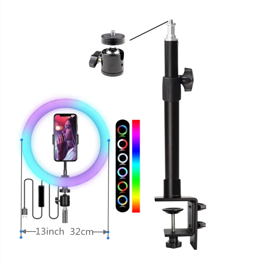 C-clamp-Soporte de luz de escritorio giratorio de 360 grados, soporte de aluminio ajustable con anillo de luz LED RGB para vídeo