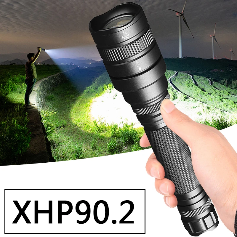 Xhp90.2 Led Flashlight Bike Torch Lantern Waterproof 18650 Battery Shock Resistant Self Defense Hard Light Zoomable Bulbs Lamp