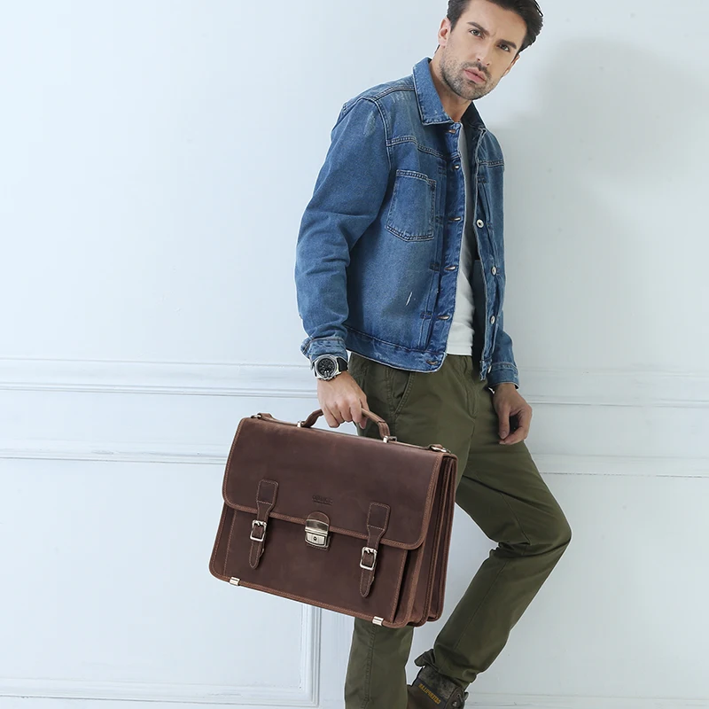 Contactretro s retro masculino saco de couro cavalo louco dos homens maleta bolsa para portátil para 14 polegada masculino negócios sacos de ombro grande capacidade