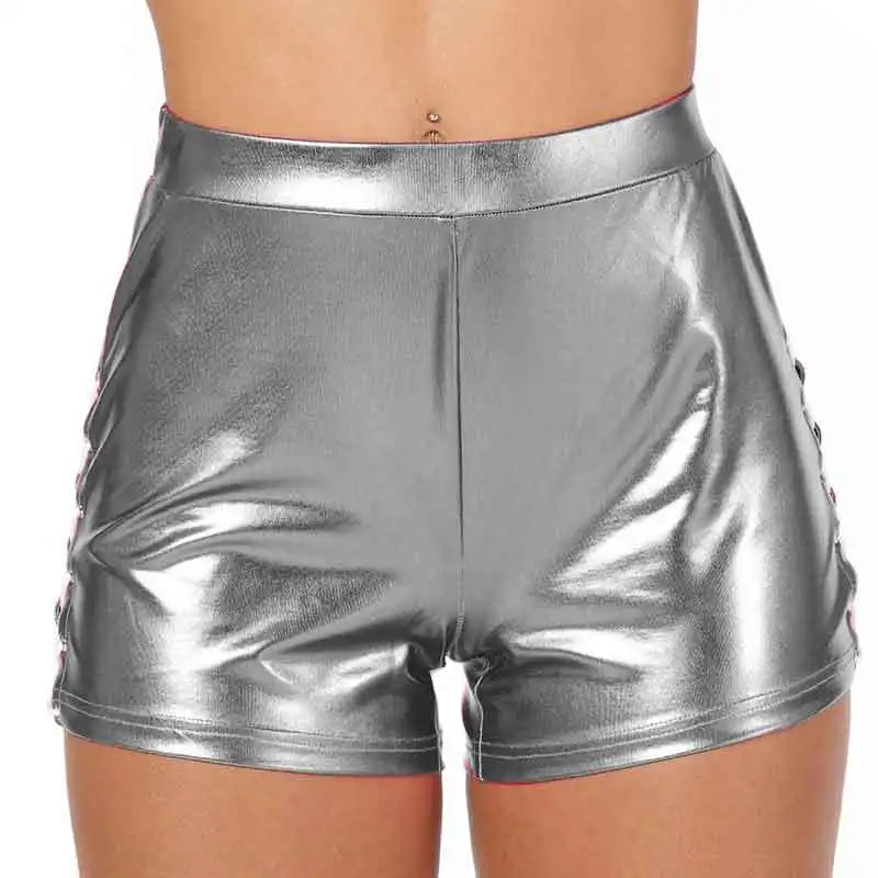 Vrouw Sexy Bandage Shorts Shiny Pu Shorts Mid Taille Plus Size Volwassen Zilver Metallic Rave Booty Shorts Dans Lederen Shorts