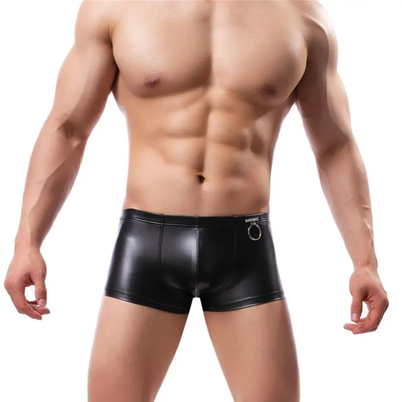 CLEVER-MENMODE Men Boxer Underpants Sexy Mens Faux leather PU Underwear Penis Pouch Boxers Panties Boxershorts homem Male Shorts