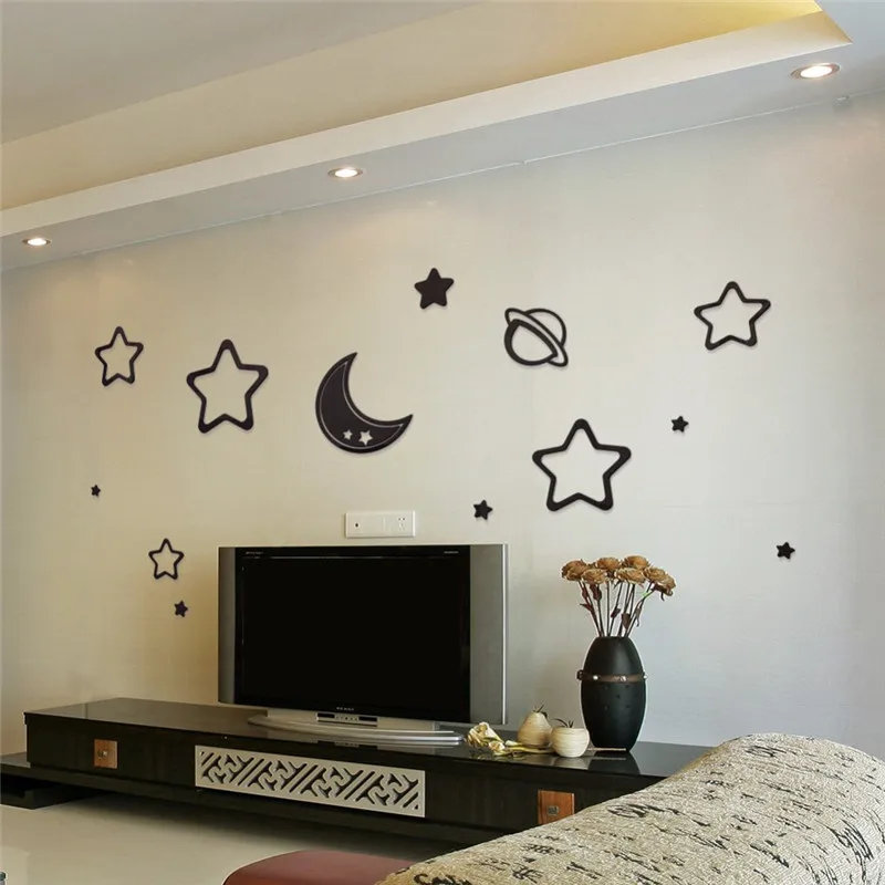 3D Wall Stickers for Kids Room, Decorative Wallpaper, Stars, Moon, Cosmic Acrylic Mirror Wall Stickers