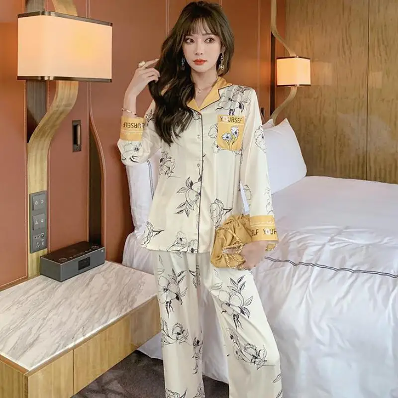 Printed 2PCS Sleep Set Women Lapel Pajamas Suit Casual Sleepwear Elastic Waist Lingerie Summer Satin Nightwear Soft Home Clothes