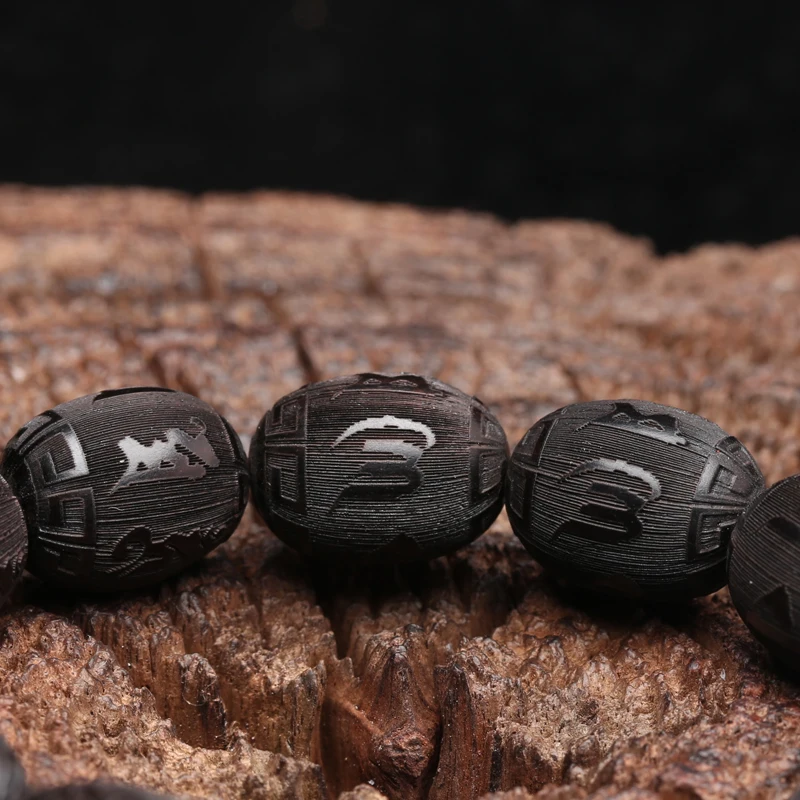 Natürliche Ebenholz Armband Olive Förmigen Schwarzen Holz Tibetischen Buddhistischen Perlen Sechs-Charakter Mantra Glück Armband – Detail 7