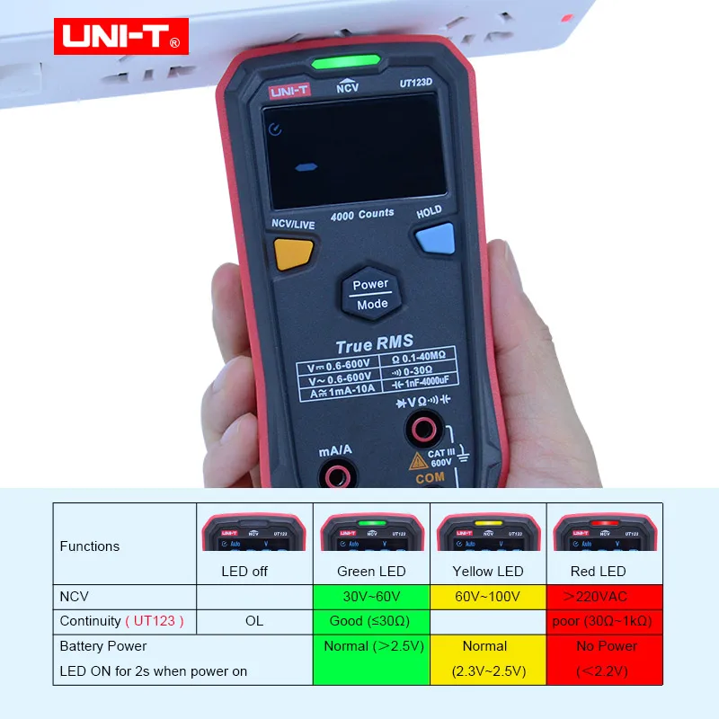 UNI-T Portable Digital Multimeter UT123/123D AC/DC Voltage Current Capacitance 4000uF Temperature/NCV/Live wire Tester