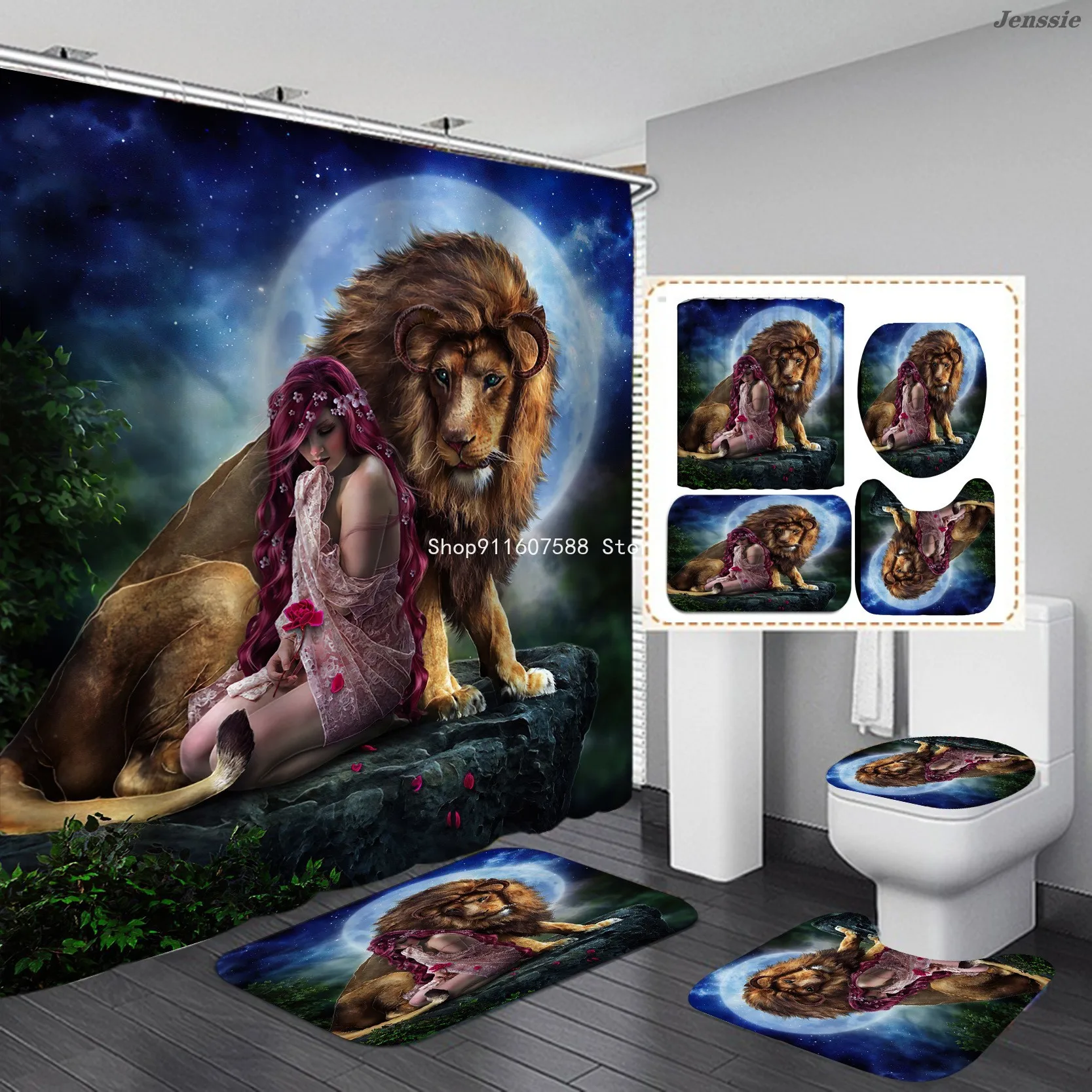 Animal Print Black Shower Curtains Lion Tiger Cheetah 3D Bathroom Curtain Set Anti-slip Bath Mat Soft Toilet Lid Cover Home Rugs