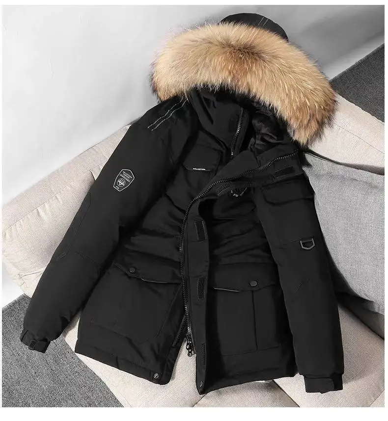 Engrossar jaqueta masculina com grande gola de pele real parka quente-30 graus masculino casual impermeável para baixo casaco de inverno tamanho 3xl