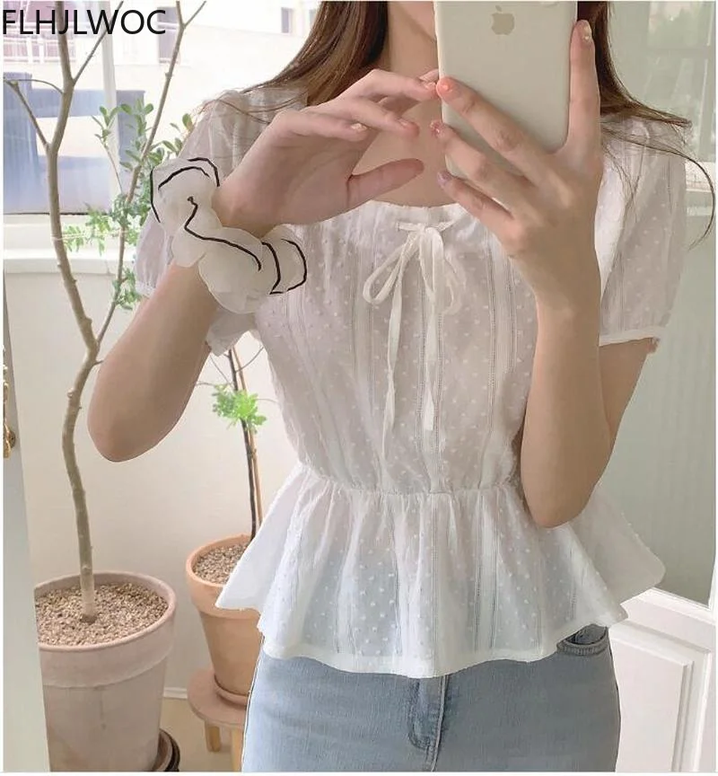 Embroidery Cute Chic Top Bow Tie Women Summer Korea Japan Style Flhjlwoc Vintage Slim Waist Peplum White Short Shirt Blouse