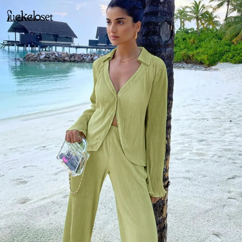 

Summer Single Breasted Women Suit Flare Sleeve Blouse Shirt High Waist Pants Two Piece Set Fashion Streetwear Loose Women Set