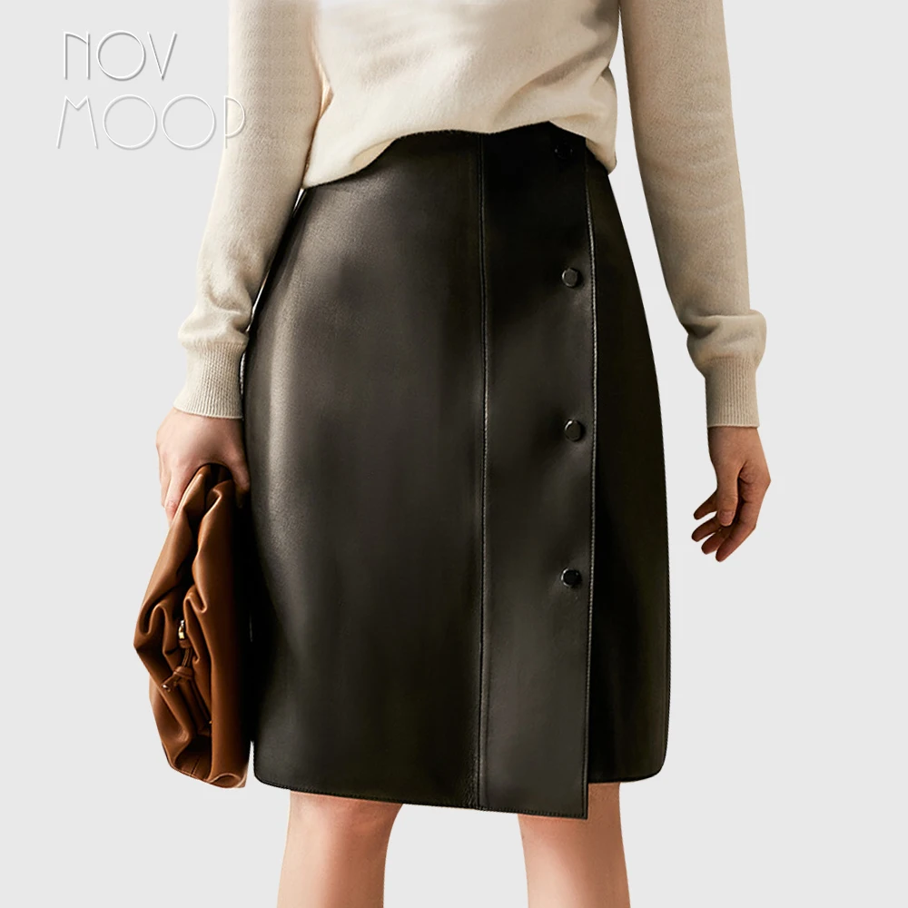 Novmoop dense sheepskin genuine leather women skirt straight  patterned snap design elegant and classic LT3294