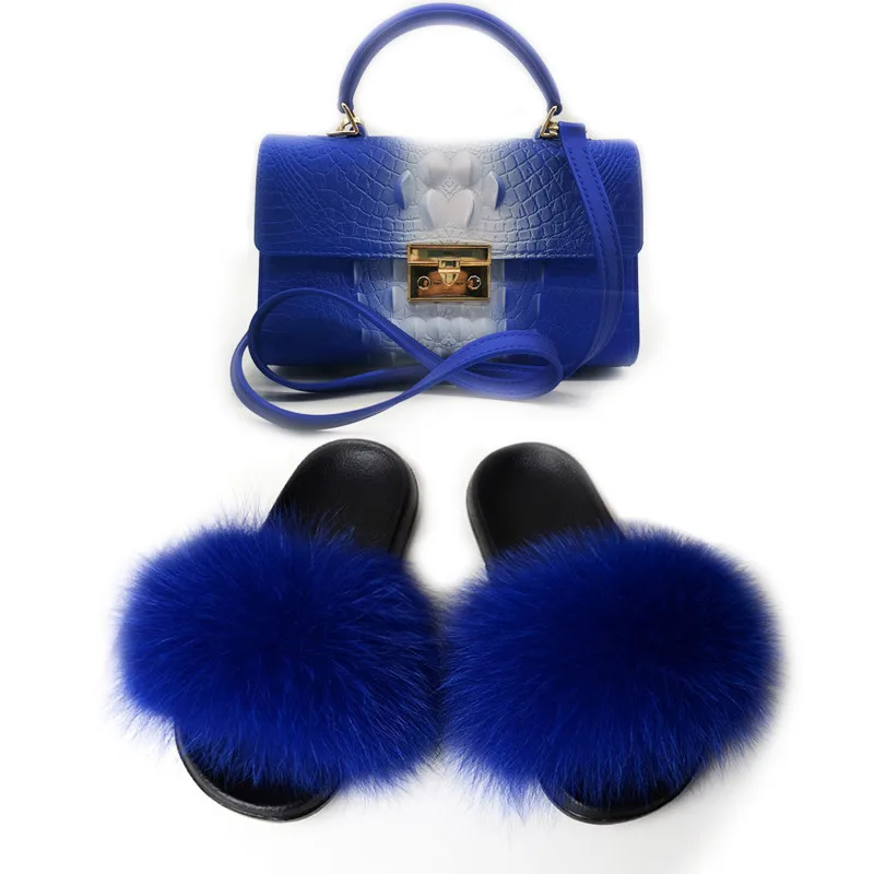 New Women Casual Plush Real Fox Fur Slippers Fashion Shoulder Bag Handbag  Ladies Cute Flat Furry Fur Slides Fluffy Fur Shoes