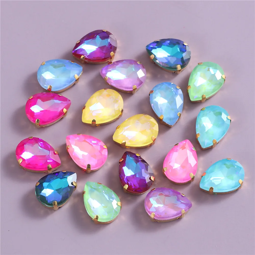 New Teardrop Glass Sew On Rhinestones With Gold Claw Glitter Crystals Stones For Sewing Clothes Shoes Diy 10x14mm 13x18mm