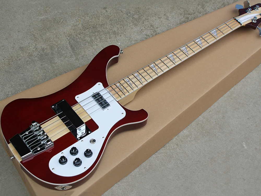 

4 Strings Red-brown Neck-thru-body Electric Bass Guitar with Maple Fretboard,White Pickguard