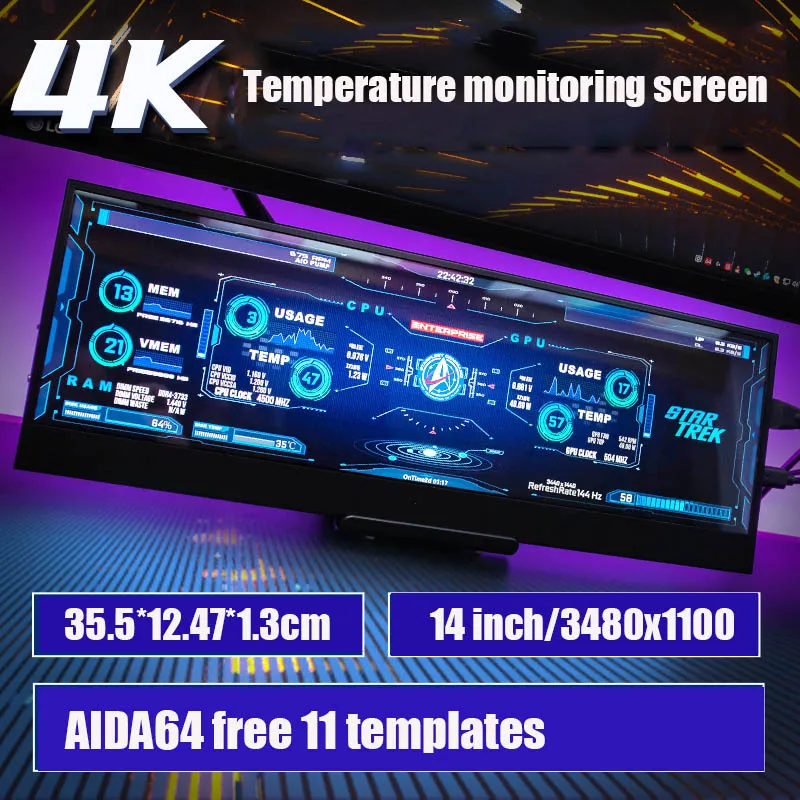 Écran IPS de contrôle de la température pour ordinateur Raspberry Pi, affichage dynamique, luminosité réglable, AIDA64, bureau, 1920x480HD