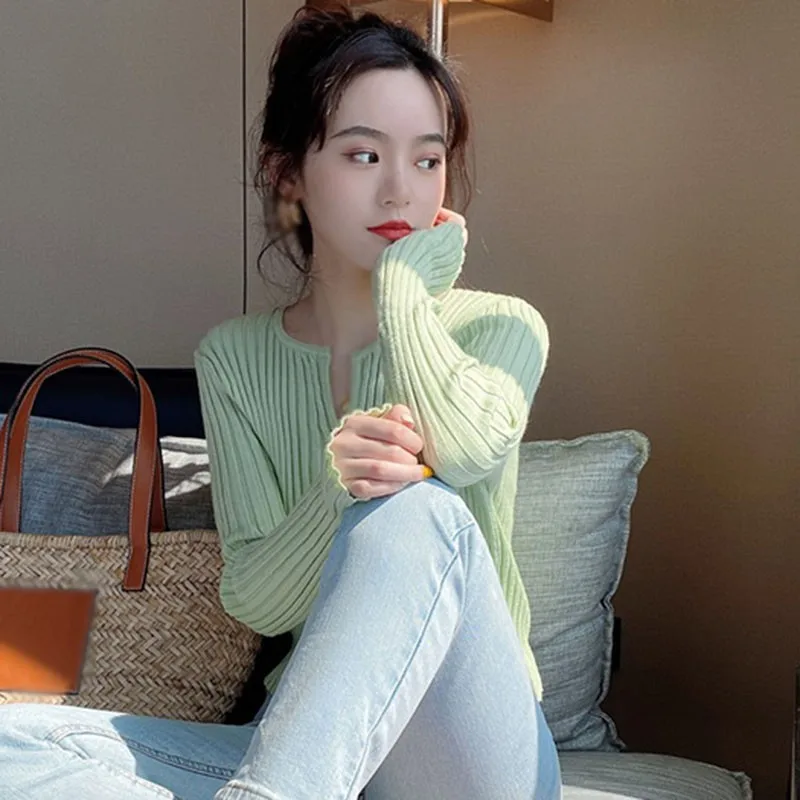 Knitted Cardigan Women Summer Solid V-Neck Long Sleeve Sun-protective Button Up Thin Knitted Cardigan Slim Tops.